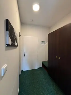 a hallway with a door and a green floor at Bechnerův statek in Lány