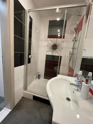a bathroom with a white sink and a shower at MONFas APARTMENT BARRANDOV in Prague