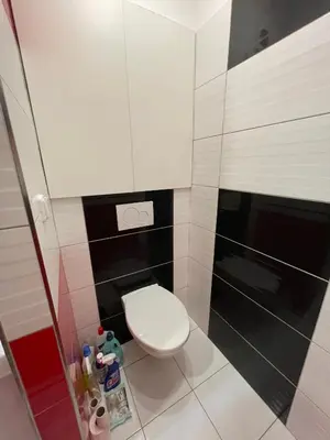 a small bathroom with a white toilet and black tiles at MONFas APARTMENT BARRANDOV in Prague