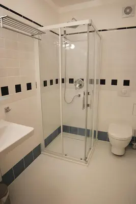 a bathroom with a shower and a toilet and a sink at Hotel U Parku in Hořovice