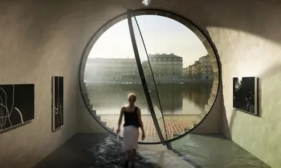 a woman standing in front of a round mirror at Andel apartment with terrace in Prague