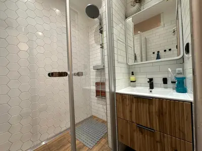a bathroom with a shower and a sink at Andel apartment with terrace in Prague