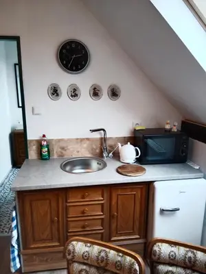 a kitchen with a sink and a microwave at Chalupa u dědy in Dlažkovice