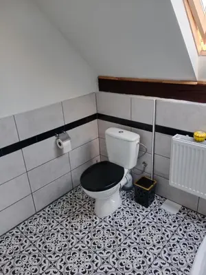a bathroom with a toilet with a black seat at Chalupa u dědy in Dlažkovice
