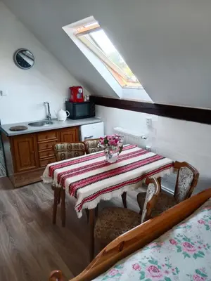 a kitchen with a table with a red and white rug at Chalupa u dědy in Dlažkovice