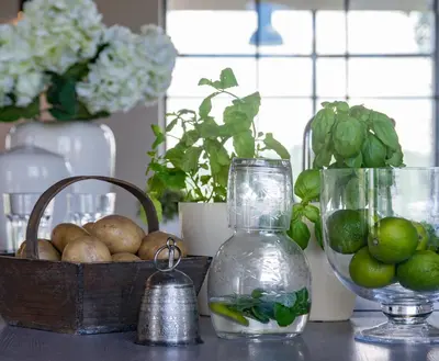 a table with a bowl of limes and a vase of water at Šťastná Samota in Vrchotovy Janovice