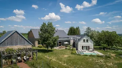 an aerial view of a house with a pool at Šťastná Samota in Vrchotovy Janovice
