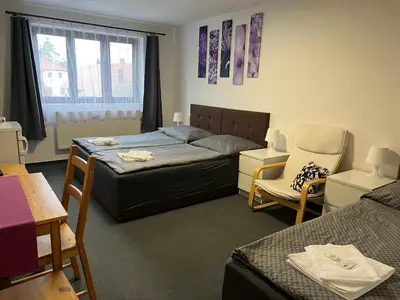 a bedroom with a bed and a table and chairs at Pension Hájek in Prague