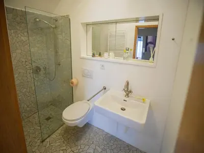 a bathroom with a toilet and a sink and a shower at Romantic nest under Prague Castle in Prague