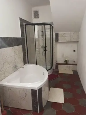 a large bathroom with a tub and a shower at Apartmán Měňany in Měňany