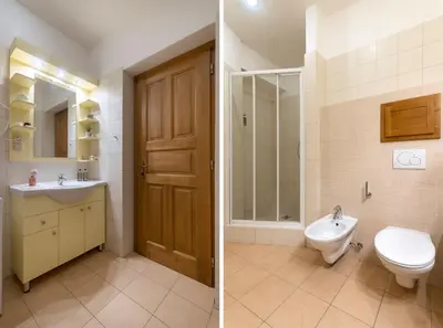 two pictures of a bathroom with a toilet and a sink at Bohemian Dreams Apartments and Suites by Dwellfort in Prague