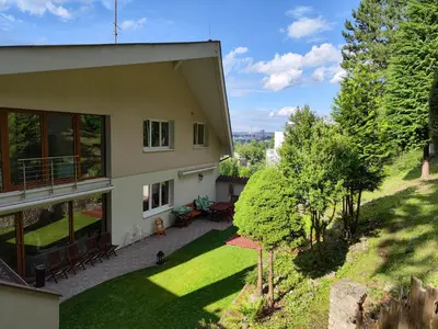 an aerial view of a house with a yard at Vila Prag in Prague