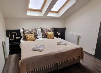 a bedroom with a large bed with two pillows at CORU House in Prague