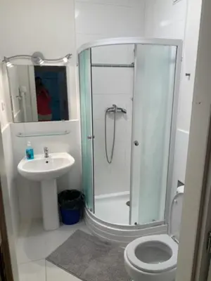 a bathroom with a shower and a toilet and a sink at 3 Bed Flat - Sleeps 10 - Pets - Smoking on terrace in Prague