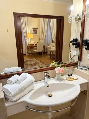 a bathroom with a sink and a mirror at FLEUR DE LIS HOTEL in Prague