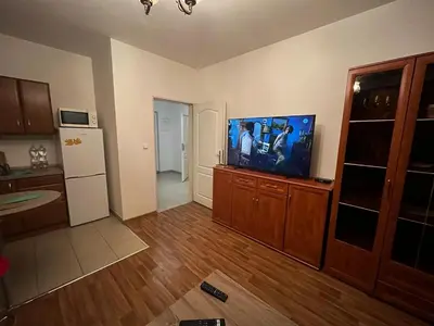 a living room with a flat screen tv and a kitchen at MONFas APARTMENT GARDEN CITY in Prague