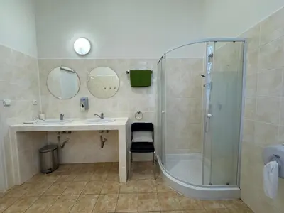a bathroom with a shower and a sink and a tub at Penzion Zahrada Čech in Litoměřice