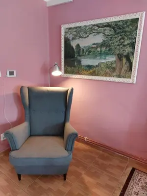 a chair in a room with a painting on the wall at Modré okno in Kozojedy