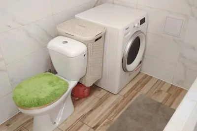 a bathroom with a washing machine and a toilet at Celý dům s vybavenou kuchyní, koupelna s vířivkou in Prague