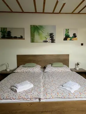 a bedroom with a large bed with two pillows at Apartmán Na Ostrově Beroun in Beroun