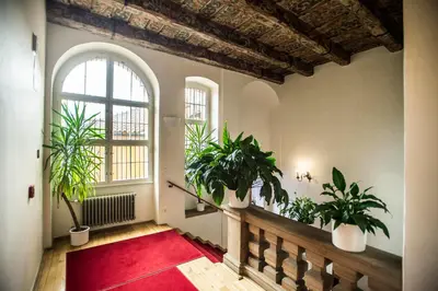 a room with potted plants and a red rug at Opitzův dům in Prague