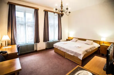a hotel room with a bed and two windows at Opitzův dům in Prague