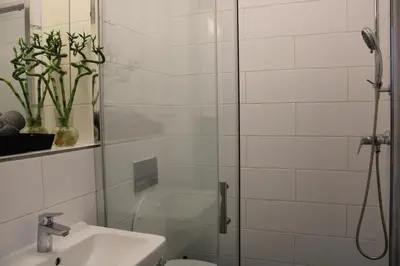 a bathroom with a shower and a toilet and a sink at LYLY APARTMENT - Modern apartment with free parking in Prague