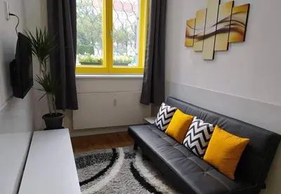 a black leather couch in a living room with a window at LYLY APARTMENT - Modern apartment with free parking in Prague