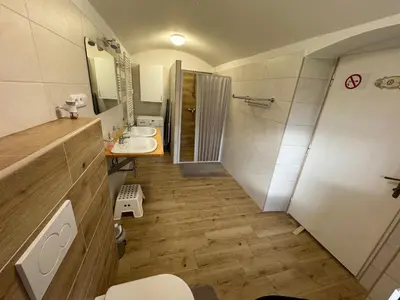 a bathroom with a toilet and a sink and a shower at Ubytování Bauštel in Kochovice