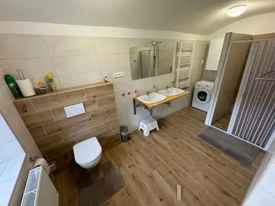 a bathroom with a toilet and a sink and a mirror at Ubytování Bauštel in Kochovice