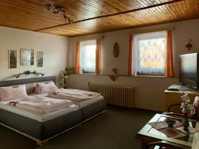 a bedroom with a bed and a desk and a television at Restaurace a penzion Na Růžku in Mořina