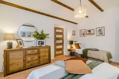 a bedroom with two beds and a mirror at Florenc Apartments Prague 1 by Michal&Friends in Prague