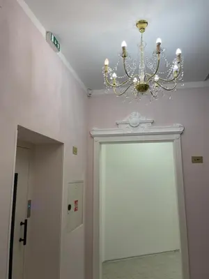 a chandelier hanging over a door in a room at Prague National Museum Apartment in Prague