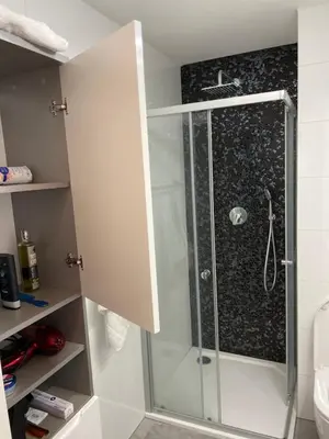 a shower with a glass door in a bathroom at Prague National Museum Apartment in Prague