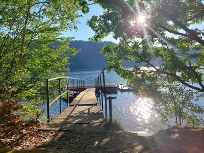 a dock on a lake with the sun shining at ZÁTOKA Živohošť - Chaty in Chotilsko