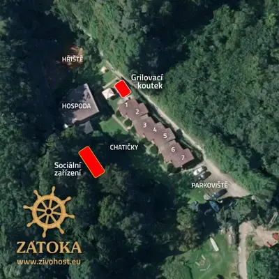 a map of a park with a cluster of buildings at ZÁTOKA Živohošť - Chaty in Chotilsko