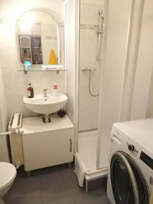 a bathroom with a sink and a shower and a toilet at Cozy studio in the heart of old Prague near the Charles Bridge in Prague
