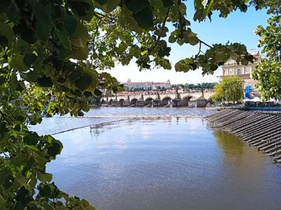 a view of a river with a bridge in the background at Cozy studio in the heart of old Prague near the Charles Bridge in Prague