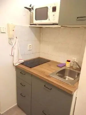 a small kitchen with a sink and a microwave at Cozy studio in the heart of old Prague near the Charles Bridge in Prague