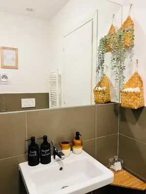 a bathroom with a sink and a mirror at Black Pearl by Vysehrad Castle in Prague