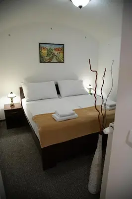 a bedroom with a bed with two lamps and a plant at Old Prague House in Prague