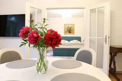 a vase of red flowers sitting on a table at Apartmá v srdci Poděbrad in Poděbrady