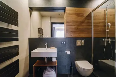 a bathroom with a sink and a toilet at Executive Apartments Taborska in Mladá Boleslav