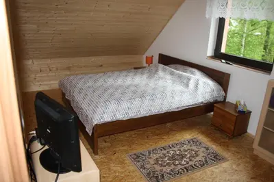 a small bedroom with a bed and a tv at Chata na řece Sázavě in Samopše