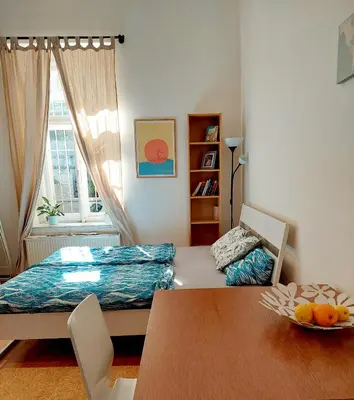 a room with a bed and a table and a window at Cozy studio in Vinohrady in Prague