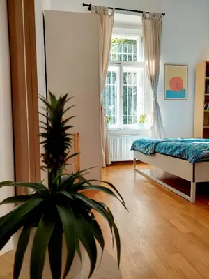 a living room with a bed and a potted plant at Cozy studio in Vinohrady in Prague