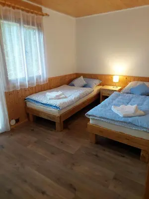a bedroom with two beds and a window at ZÁTOKA Živohošť - Apartmány in Chotilsko