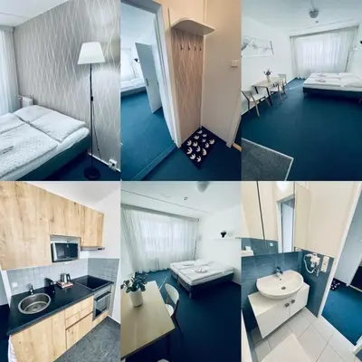 a collage of four pictures of a hotel room at Apartmány Bryksova in Prague