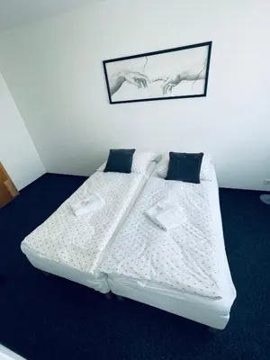 two twin beds in a room with a picture on the wall at Apartmány Bryksova in Prague
