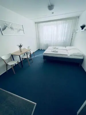 a bedroom with a bed and a table and chairs at Apartmány Bryksova in Prague